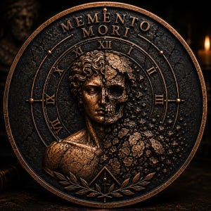 May include: A circular bronze-toned plaque featuring the text MEMENTO MORI at the top. The center displays a relief of a human head transitioning from a smooth face into a crumbling skull, surrounded by Roman numerals and a laurel leaf base.