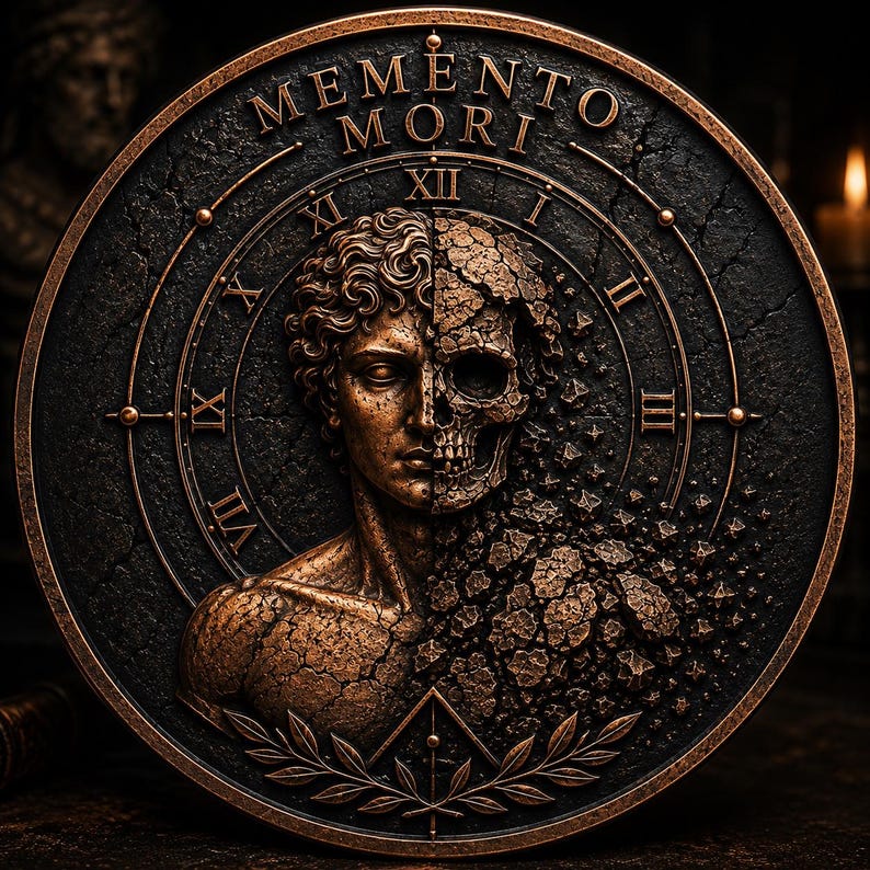 May include: A circular bronze-toned plaque featuring the text MEMENTO MORI at the top. The center displays a relief of a human head transitioning from a smooth face into a crumbling skull, surrounded by Roman numerals and a laurel leaf base.