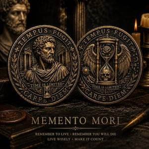 May include: Two circular bronze-toned coins featuring relief carvings. One coin displays a bearded man in classical attire with the text TEMPUS FUGIT, TIME IS LIMITED, and CARPE DIEM. The other shows an hourglass with a rose and skull, wings, and identical text.