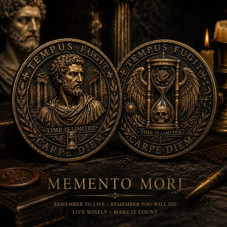 May include: Two circular bronze-toned coins featuring relief carvings. One coin displays a bearded man in classical attire with the text TEMPUS FUGIT, TIME IS LIMITED, and CARPE DIEM. The other shows an hourglass with a rose and skull, wings, and identical text.