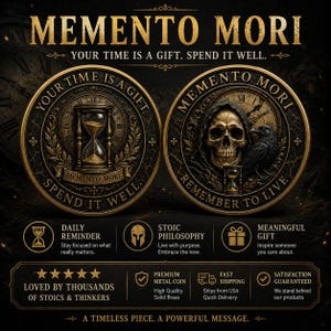 May include: A round brass-colored metal coin featuring a Memento Mori design. One side displays an hourglass with the text 'YOUR TIME IS A GIFT. SPEND IT WELL.' The other side shows a skull and a raven with the text 'MEMENTO MORI. REMEMBER TO LIVE.'