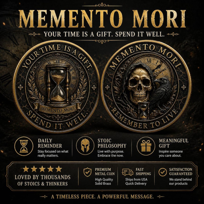 May include: A round brass-colored metal coin featuring a Memento Mori design. One side displays an hourglass with the text 'YOUR TIME IS A GIFT. SPEND IT WELL.' The other side shows a skull and a raven with the text 'MEMENTO MORI. REMEMBER TO LIVE.'