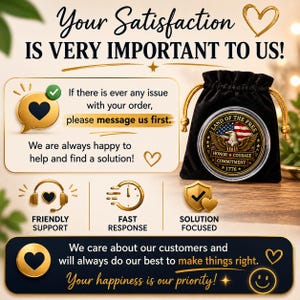 May include: A black velvet drawstring pouch containing a circular commemorative coin featuring an American eagle, the text Land of the Free, Honor, Courage, Commitment, and 1776. The image includes text regarding customer satisfaction and support.