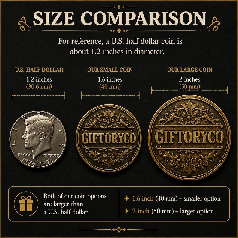 May include: A size comparison chart featuring a silver U.S. half dollar coin at 30.6 mm, a small bronze coin at 40 mm, and a large bronze coin at 50 mm. Both bronze coins feature the text GIFTORYCO and ornate filigree detailing.