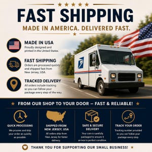 May include: A graphic display featuring a white United States Postal Service delivery truck on a road with an American flag in the background. The text includes FAST SHIPPING, MADE IN AMERICA, DELIVERED FAST, and FROM OUR SHOP TO YOUR DOOR.