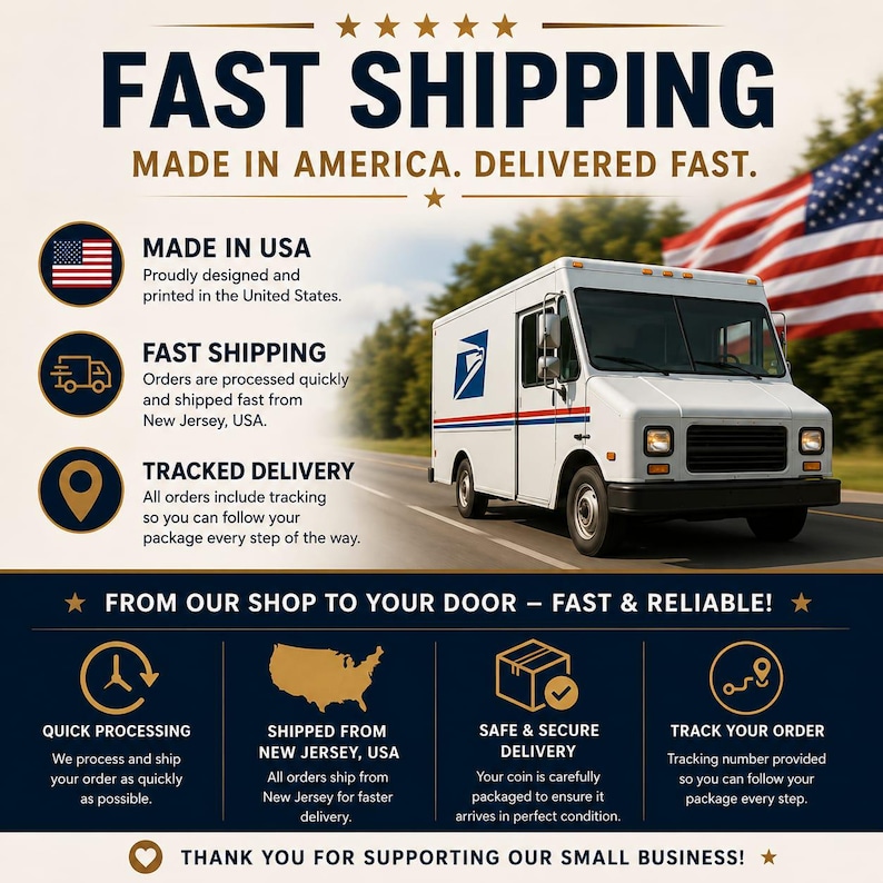 May include: A graphic display featuring a white United States Postal Service delivery truck on a road with an American flag in the background. The text includes FAST SHIPPING, MADE IN AMERICA, DELIVERED FAST, and FROM OUR SHOP TO YOUR DOOR.