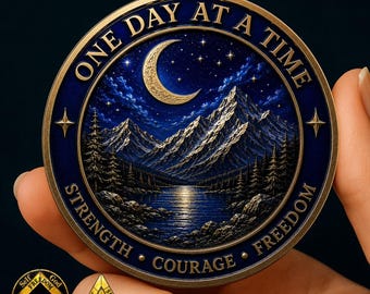 Personalized Sobriety Coin, AA Medallion, Recovery Coin, Sobriety Anniversary Gift, Custom Name Date, Mountain Moon Coin