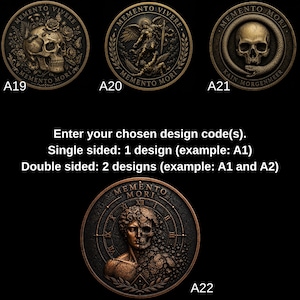 May include: Four circular bronze-toned coins featuring intricate relief designs. A19 shows a skull with flowers, A20 depicts an angel with a sword, A21 features a skull with a snake, and A22 shows a split face with a clock. Text includes Memento Vivere and Memento Mori.