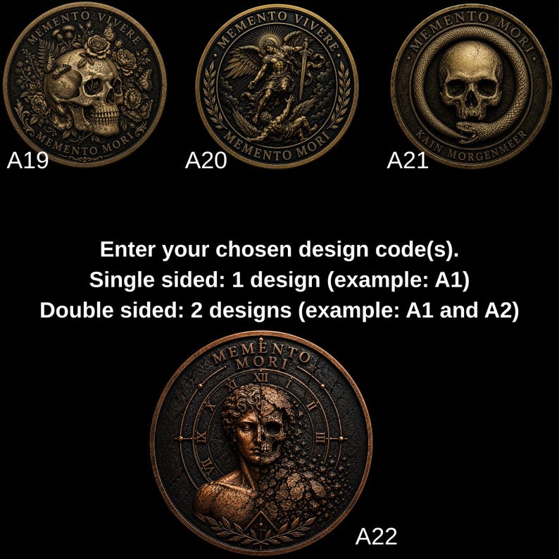 May include: Four circular bronze-toned coins featuring intricate relief designs. A19 shows a skull with flowers, A20 depicts an angel with a sword, A21 features a skull with a snake, and A22 shows a split face with a clock. Text includes Memento Vivere and Memento Mori.