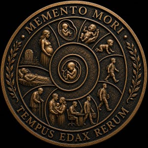 May include: A circular bronze-toned plaque featuring a spiral relief design depicting the human life cycle from fetus to death. The text MEMENTO MORI is at the top and TEMPUS EDAX RERUM is at the bottom. Laurel branches frame the sides of the medallion.
