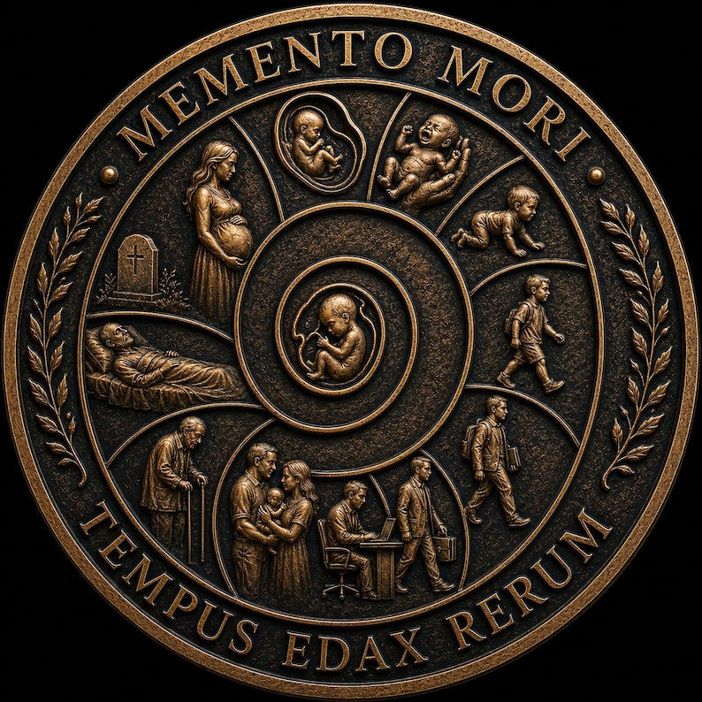 May include: A circular bronze-toned plaque featuring a spiral relief design depicting the human life cycle from fetus to death. The text MEMENTO MORI is at the top and TEMPUS EDAX RERUM is at the bottom. Laurel branches frame the sides of the medallion.