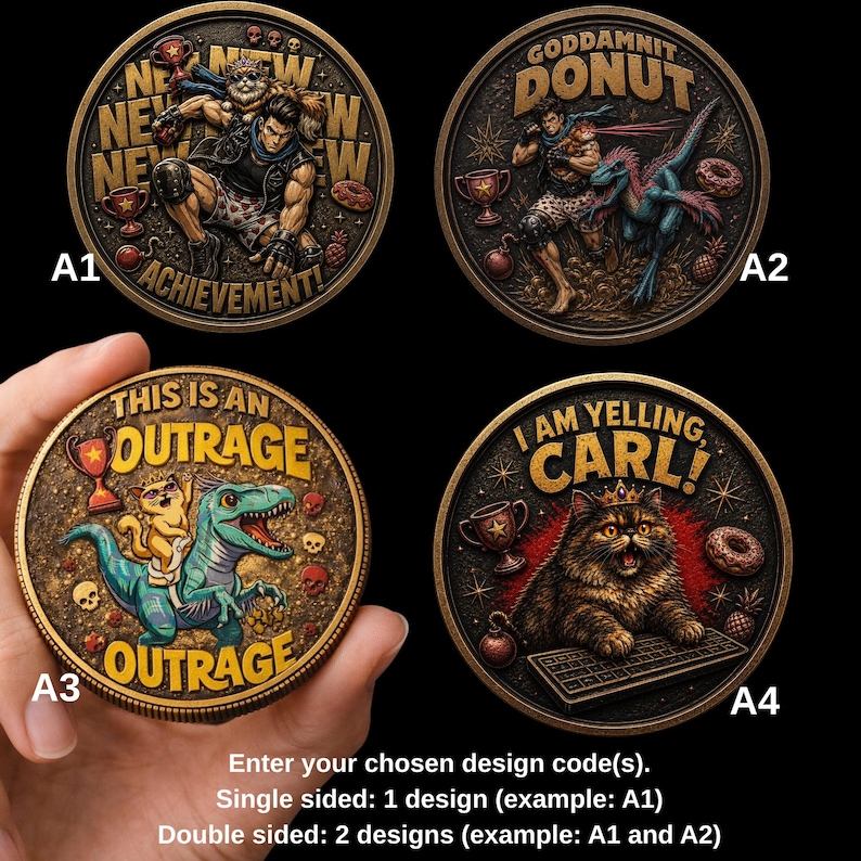May include: Four circular bronze-toned medallions featuring relief designs. A1 shows a person with a cat and text NEW ACHIEVEMENT. A2 shows a person with a dinosaur and text GODDAMNIT DONUT. A3 shows a cat riding a dinosaur and text THIS IS AN OUTRAGE. A4 shows a cat at a keyboard and text I AM YELLING, CARL!