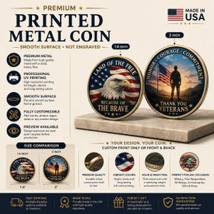 May include: Two round metal coins with smooth surfaces and UV-printed designs. One coin features a bald eagle and the American flag with the text Land of the Free Because of the Brave, measuring 4.06 cm. The other shows a soldier with the text Honor Courage Commitment Thank You Veterans, measuring 5.08 cm.