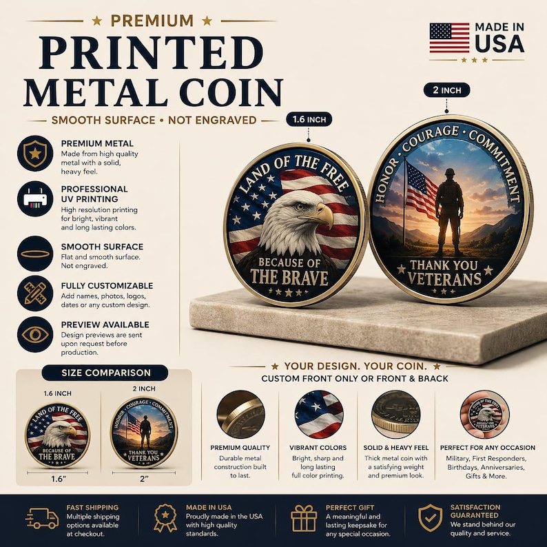 May include: Two round metal coins with smooth surfaces and UV-printed designs. One coin features a bald eagle and the American flag with the text Land of the Free Because of the Brave, measuring 4.06 cm. The other shows a soldier with the text Honor Courage Commitment Thank You Veterans, measuring 5.08 cm.