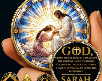 Sobriety Coin Christian Gift: AA NA Serenity Prayer Personalized Coin Jesus Healing Recovery Gift Challenge Coin
