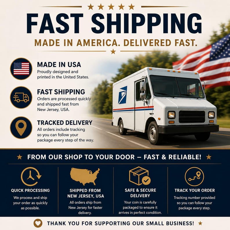 May include: A white United States Postal Service delivery truck driving on a road with an American flag in the background. The image includes text stating FAST SHIPPING, MADE IN AMERICA, and details about order processing, tracking, and delivery.