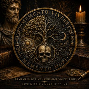 May include: A circular bronze-toned medallion featuring a central skull with tree roots extending upward into a tree. One side shows a sun and leaves, the other a crescent moon and bare branches. Text reads MEMENTO VIVERE and MEMENTO MORI.