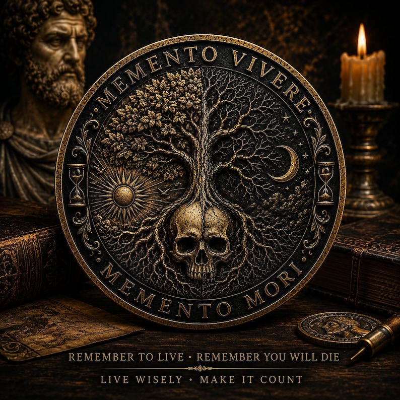May include: A circular bronze-toned medallion featuring a central skull with tree roots extending upward into a tree. One side shows a sun and leaves, the other a crescent moon and bare branches. Text reads MEMENTO VIVERE and MEMENTO MORI.