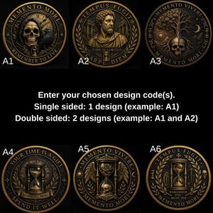 May include: Six circular bronze-toned coins labeled A1 through A6, each featuring intricate embossed designs including skulls, hourglasses, trees, and Roman figures, with Latin phrases like Memento Mori, Tempus Fugit, and Carpe Diem inscribed.