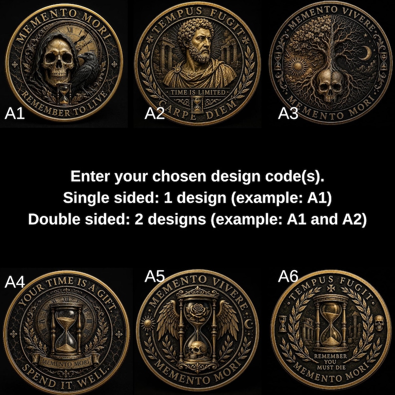 May include: Six circular bronze-toned coins labeled A1 through A6, each featuring intricate embossed designs including skulls, hourglasses, trees, and Roman figures, with Latin phrases like Memento Mori, Tempus Fugit, and Carpe Diem inscribed.