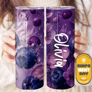 Personalized Blueberry Floral Tumbler: 20oz Insulated Stainless Steel Drinkware