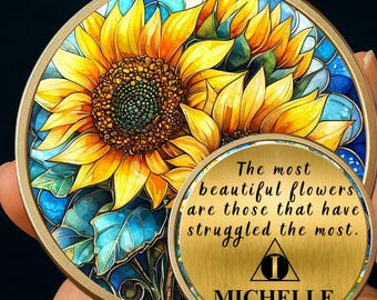 Personalized Sunflower Sobriety Coin, AA Medallion, Recovery Chip Gift