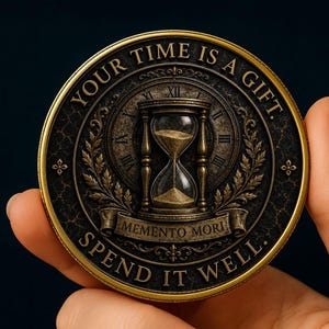 May include: A circular bronze-toned medallion featuring an hourglass at the center, surrounded by a clock face with Roman numerals and laurel leaf motifs. The text reads "YOUR TIME IS A GIFT." at the top and "MEMENTO MORI" and "SPEND IT WELL." below.
