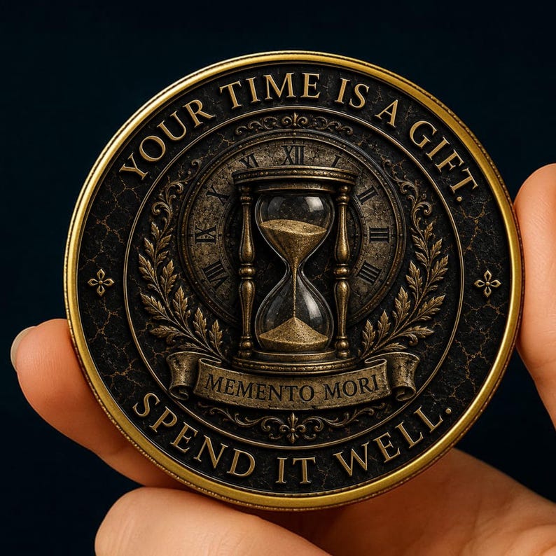 May include: A circular bronze-toned medallion featuring an hourglass at the center, surrounded by a clock face with Roman numerals and laurel leaf motifs. The text reads "YOUR TIME IS A GIFT." at the top and "MEMENTO MORI" and "SPEND IT WELL." below.