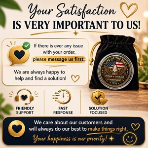 May include: A black velvet drawstring pouch containing a circular commemorative coin featuring an American eagle, the US flag, and the text Land of the Free, Honor, Courage, Commitment, 1776. The graphic includes customer service text and icons.