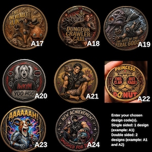May include: A collection of eight circular metal coins featuring various fantasy and pop culture illustrations with text labels A17 through A24. Each coin displays detailed relief artwork, including characters, creatures, and bold typography on a dark background.