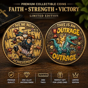 May include: Two round gold-toned collectible coins with textured backgrounds. The left coin features a person in heart-patterned shorts with a cat and the text NEW ACHIEVEMENT. The right coin shows a cat riding a blue dinosaur with the text THIS IS AN OUTRAGE. Both coins are 3mm thick.