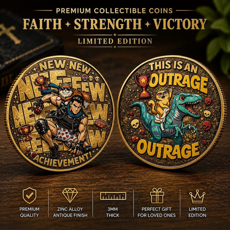 May include: Two round gold-toned collectible coins with textured backgrounds. The left coin features a person in heart-patterned shorts with a cat and the text NEW ACHIEVEMENT. The right coin shows a cat riding a blue dinosaur with the text THIS IS AN OUTRAGE. Both coins are 3mm thick.
