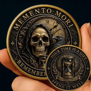 May include: A round gold and black coin featuring a skull in a hood, a raven, an hourglass, and a clock face with the text MEMENTO MORI and REMEMBER. A smaller matching coin in front displays an hourglass and the text YOUR TIME IS A GIFT. SPEND IT WELL.