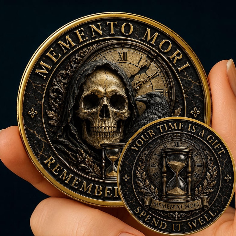 May include: A round gold and black coin featuring a skull in a hood, a raven, an hourglass, and a clock face with the text MEMENTO MORI and REMEMBER. A smaller matching coin in front displays an hourglass and the text YOUR TIME IS A GIFT. SPEND IT WELL.