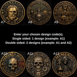 May include: Six circular bronze-toned medallions featuring intricate relief designs of skulls, hourglasses, trees, and Roman numerals. Text includes Memento Mori, Memento Vivere, and Carpe Diem. Instructions for ordering by design code A7 through A12 are visible.