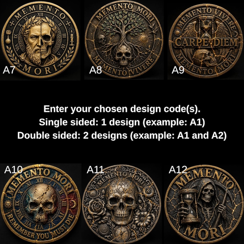 May include: Six circular bronze-toned medallions featuring intricate relief designs of skulls, hourglasses, trees, and Roman numerals. Text includes Memento Mori, Memento Vivere, and Carpe Diem. Instructions for ordering by design code A7 through A12 are visible.