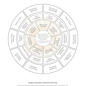 May include: A circular chart labelled "Akashic Records Pendulum Chart" with sections for spiritual guidance. The chart includes terms like "Healing Theme," "Soul Lesson," and "Energy Integration." It is an intuitive tool for self-reflection.