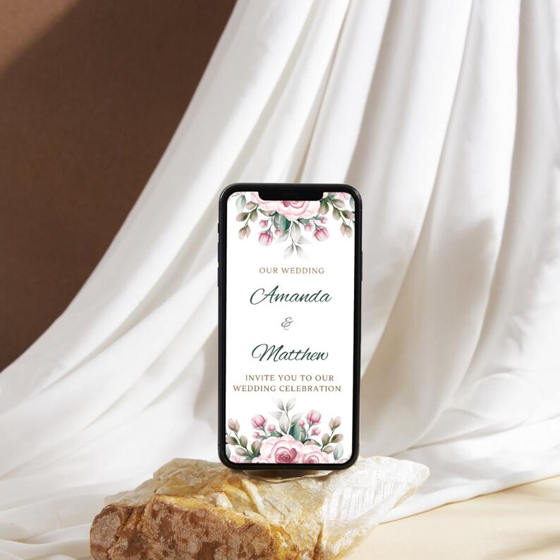 May include: A digital wedding invitation with a floral design. The invitation reads "Our Wedding Amanda & Matthew Invite you to our Wedding Celebration."