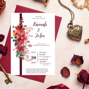 K&ouml;nnte beinhalten: Eine Hochzeitseinladung mit den Namen "Hannah & John" in eleganter Schrift, umgeben von Aquarell-Blumenarrangements in Rot-, Rosa- und Oranget&ouml;nen. Die Einladung enth&auml;lt Datum, Uhrzeit und Ort der Zeremonie und des Empfangs.