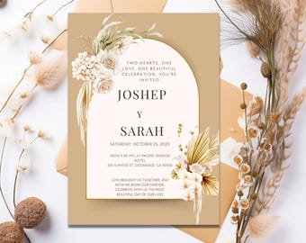 Vorlage für eine böhmische Hochzeitseinladung, druckbare Hochzeitseinladung, beige Einladung, bearbeitbare Einladung, florale digitale böhmische Einladung.