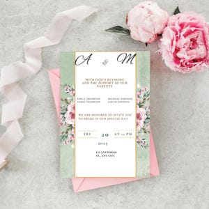 May include: A green and white wedding invitation with pink floral accents. The invitation reads "A & M" with God's blessing and the support of our parents. Emily Thompson, James Thompson, Michael Johnson, Sarah Johnson. We are honored to invite you to share in our special day. Fri 20 2025 at 12 PM. 123 Anywhere St., Any City.