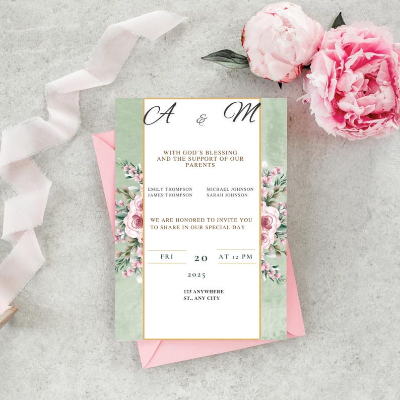 May include: A green and white wedding invitation with pink floral accents. The invitation reads "A & M" with God's blessing and the support of our parents. Emily Thompson, James Thompson, Michael Johnson, Sarah Johnson. We are honored to invite you to share in our special day. Fri 20 2025 at 12 PM. 123 Anywhere St., Any City.