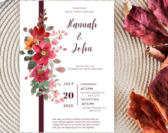 Elegante Vorlage für eine Hochzeitseinladung mit Blumenmuster. Burgunderrot und Weiß mit rosa Blumen, bearbeitbar in Canva, anspruchsvolles Hochzeitsdesign