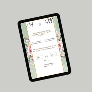 May include: A wedding invitation with a green and white floral design. The invitation reads "A & M" with God's blessing and the support of our parents. The invitation is for Friday, 20th of 2025 at 12 PM. The address is 123 Anywhere St., Any City.