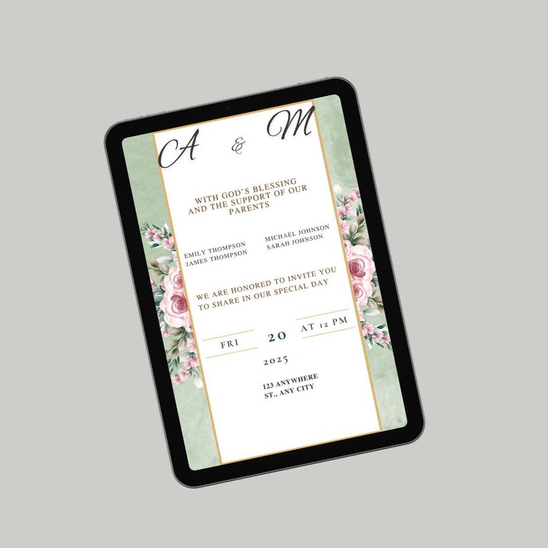 May include: A wedding invitation with a green and white floral design. The invitation reads "A & M" with God's blessing and the support of our parents. The invitation is for Friday, 20th of 2025 at 12 PM. The address is 123 Anywhere St., Any City.