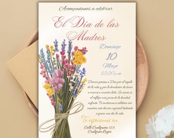 Florale Muttertagseinladung, elegante Einladung mit Blumenstrauß, bearbeitbare spanische Muttertagseinladungsvorlage