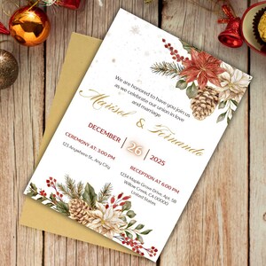 May include: A wedding invitation with a floral design featuring poinsettias, pinecones, and greenery. The invitation includes the names "Marisol & Fernando", the date "December 26, 2025", and ceremony and reception details.