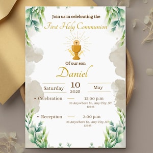 Puede incluir: Una invitación de Primera Comunión con texto dorado y una ilustración de cáliz. La invitación incluye el texto "Únase a nosotros para celebrar la Primera Comunión de nuestro hijo Daniel" y los detalles del evento.