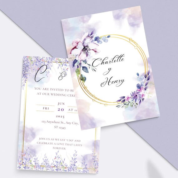 Modern Floral Wedding Invitation Template. White, Lilac & Lavender. Editable in Canva, Fully Customizable.
