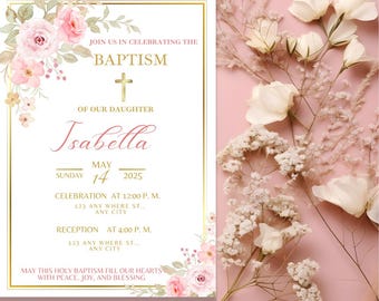 Einladungsvorlage zur Taufe von Mädchen – elegantes Blumenmuster in Rosa, Weiß und Gold. Bearbeitbare digitale Einladung für Baby-Mädchen.  Canva-Vorlage.